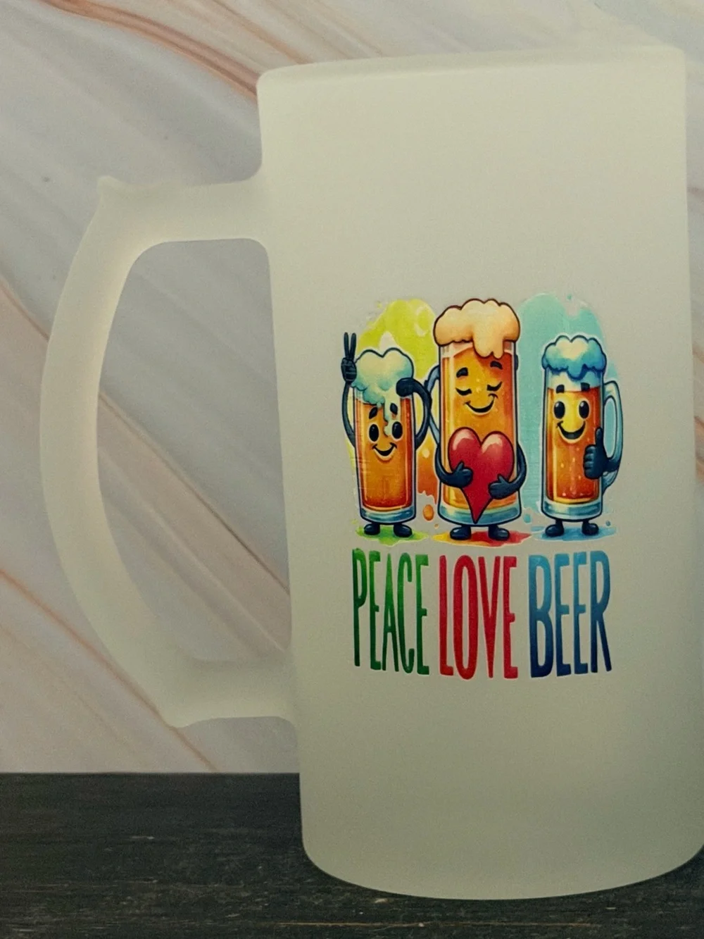 Peace Love Beer Frosted Beer Mug - Colorful Cartoon Design